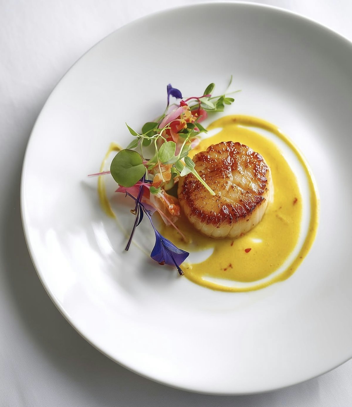 Gebratene Jakobsmuschel in Safransauce mit Kresse und essbaren Blüten auf weißem Teller
